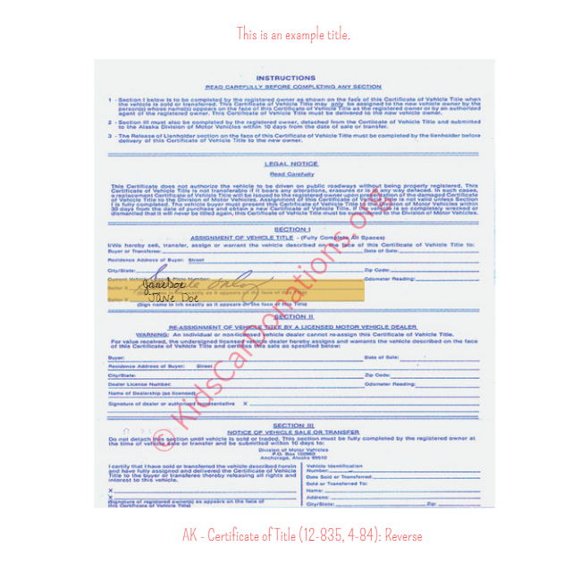 Alaska Certificate of Title (12-835, 4-84): Reverse | Kids Car Donations